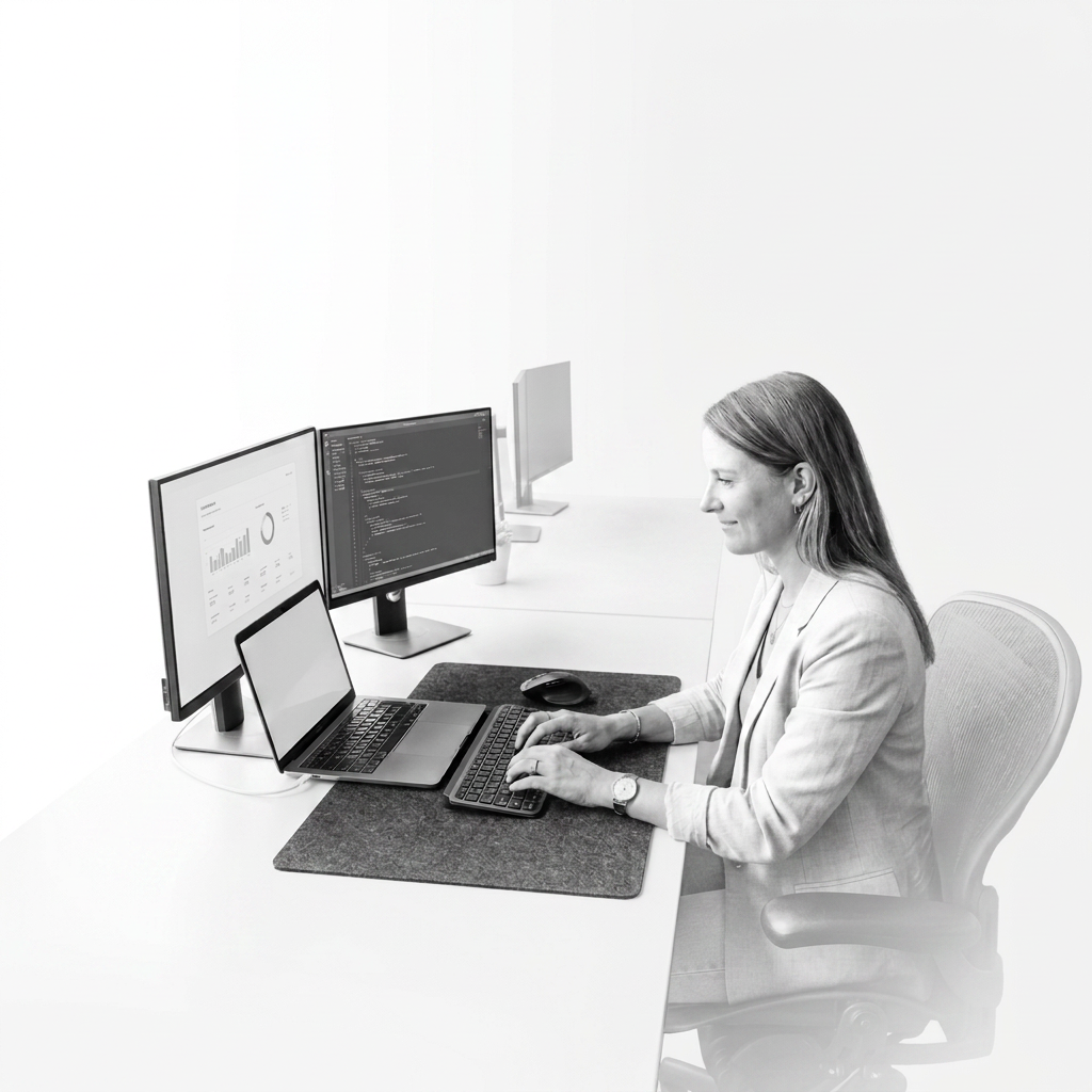 Woman typing on a keyboard at a desk with laptop and dual monitors in an office